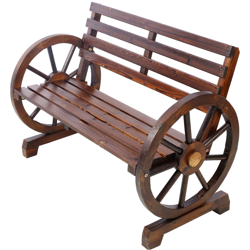 Rustic Country 2 Person Wooden Wagon Wheel Bench With Slatted Seat And Backrest - Brown