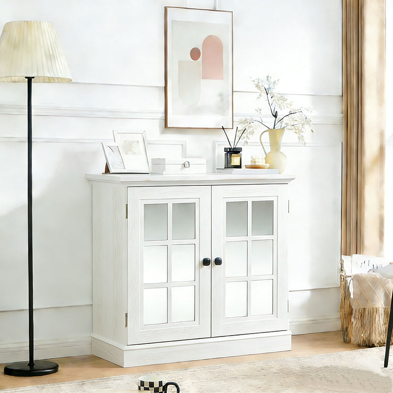 Sideboard Cabinet With Mirrored Doors, Adjustable Shelf, Metal Handles