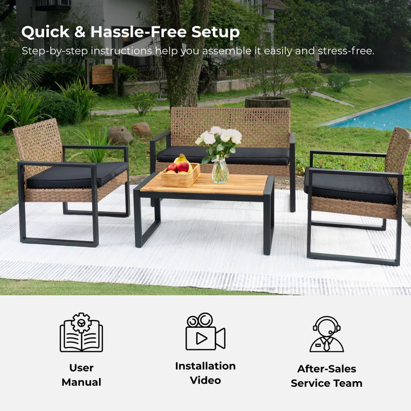 4 Piece Patio Furniture Set With Acacia Wood Table Top And Cushions