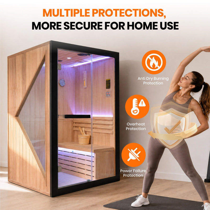 Double Indoor Stove Sauna Room With LED Lighting - Almond