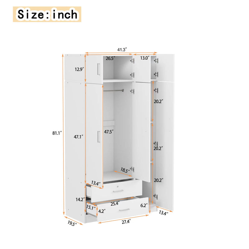 Modern 3 Door Mirror Wardrobe With 2 Drawers And Top Cabinet