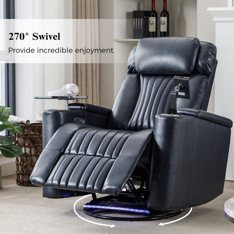 270° Power Swivel Recliner Home Theater Chair With Hidden Arm Storage, LED Light, Cup Holder, And Tray Table