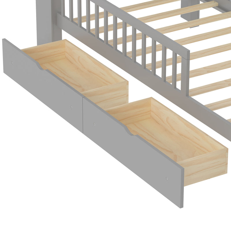 Bed With Headboard Storage Rack, 2 Under Bed Drawers, 3 Side Guardrails For Safety