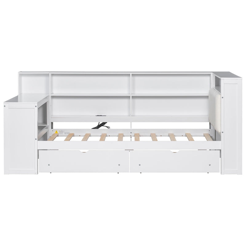 Platform Bed With Upholstered Headboard, Storage Shelves, Drawers, Charging Station, LED Lighting, Built In Desk