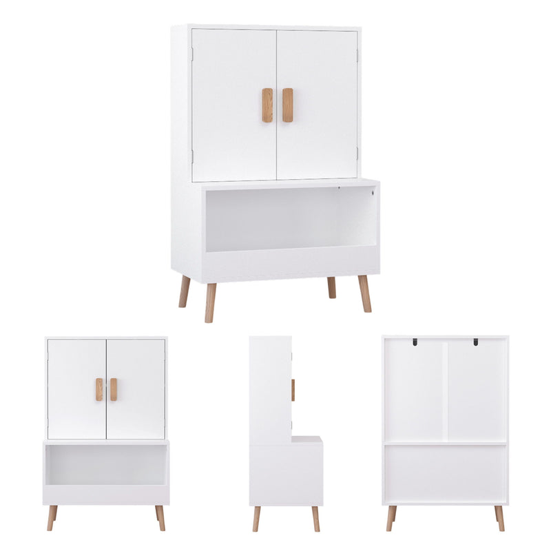 Toy Storage Cabinet With Doors And Open Shelf, Toddler Bookshelf For Playroom - White