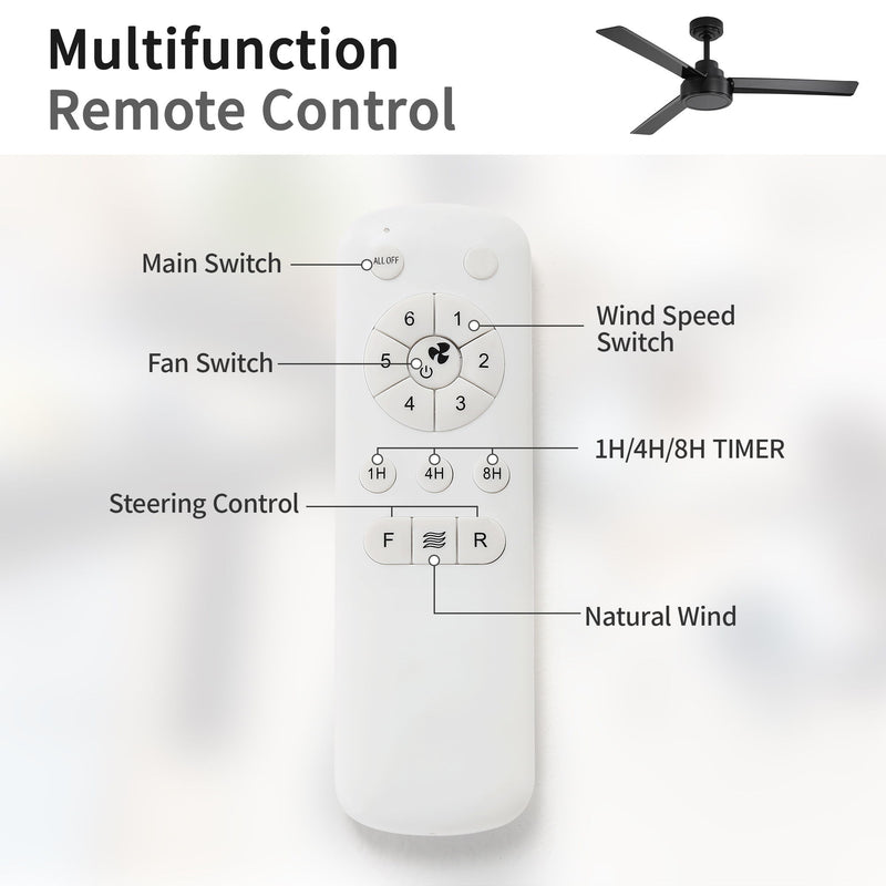 52" Ceiling Fan With Remote Control, 6 Speed Reversible DC Motor, 3 Blades
