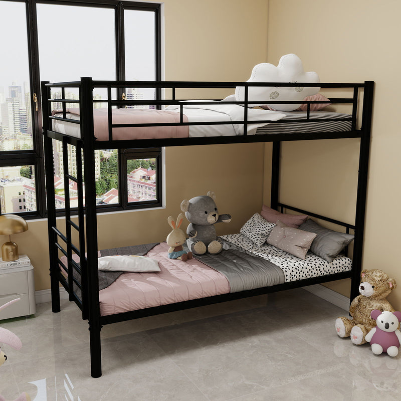 Metal Bunk Bed For Kids, Convertible Bedframe With Ladders & Guardrail