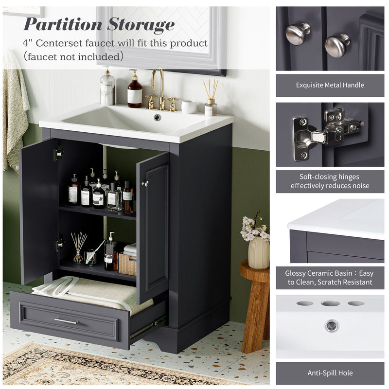 Bathroom Vanity With Ceramic Sink Combo, Modern Freestanding Storage Cabinet With Silver Handles