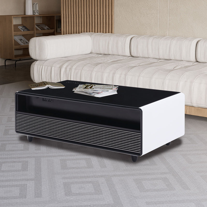 Modern Smart Coffee Table With Built-In Fridge, tooth Speaker, Wireless Charging Module, Touch Control Panel, Power Socket, USB Interface, Outlet Protection, Atmosphere Light