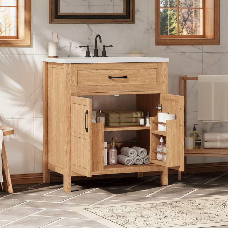 Bathroom Vanity With Sink, Adjustable Shelf & Door Organizers - Walnut