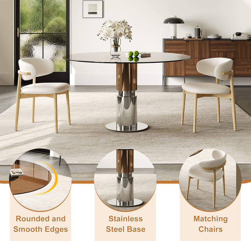 Round Dining Table & Tempered Glass Top - Brown