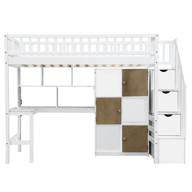 Loft Bed With Built In L Shaped Desk, LED Lights, Storage Shelves, Cabinets, And Staircase
