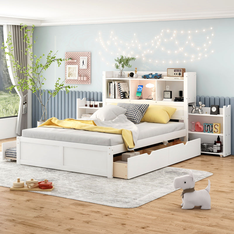 Storage Platform Bed With Pull Out Shelves, Trundle, And 2 Drawers