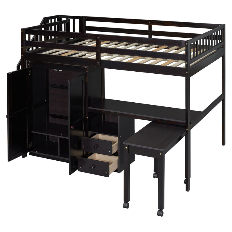 Loft Bed With Stairs, Bookshelf, Drawers, Desk & Wardrobe, Space Saving Multifunctional Furniture