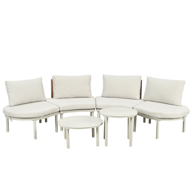 6 Piece Patio Set, Half Moon Outdoor Sectional Sofa With 2 High Low Coffee Tables, 4 Pillows & Cushions
