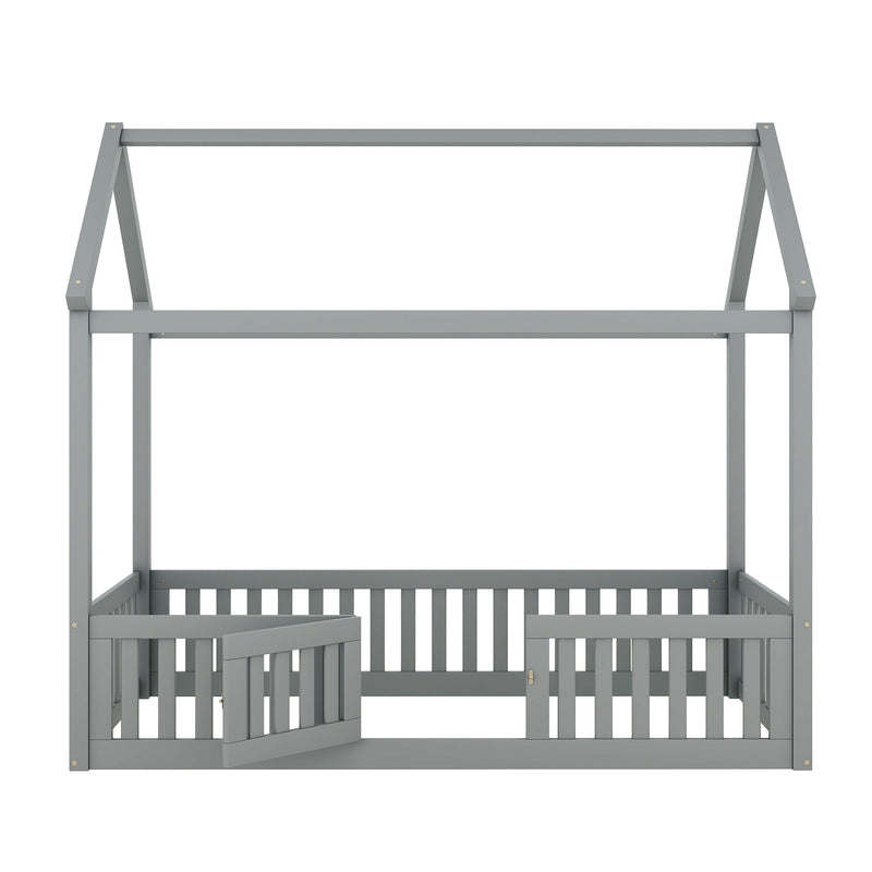 Wood House Bed With Fence And Door