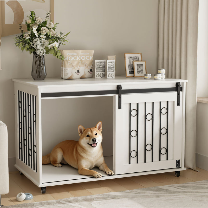 Dog Crate With Sliding Barn Door And Side Access, Lockable Wheels For Small To Medium Dogs - White