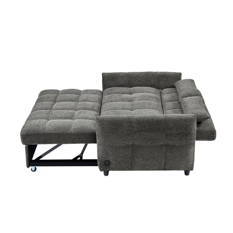 Loveseat Sofa Pull-Out Bed With Adjustable Backrest, 3 USB Ports And 2 Lumbar Pillows For Living Room
