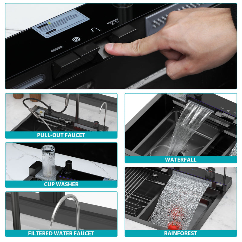 30" Whale Digital Waterfall Sink With LED Display, 16 Gauge Single Bowl Ledge Workstation - Gunmetal Black