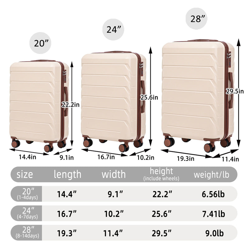 3 Pieces Set 20" / 24" / 28" Spinner Wheel Luggage With Combination Lock