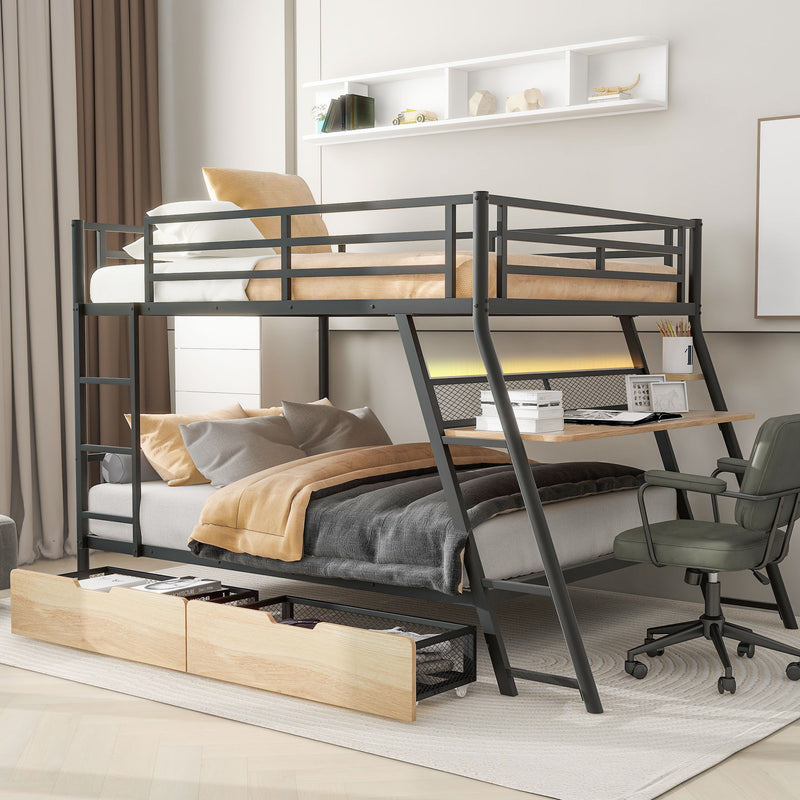 Full Size Bunk Bed With Built In Desk, Light, And 2 Drawers - Black