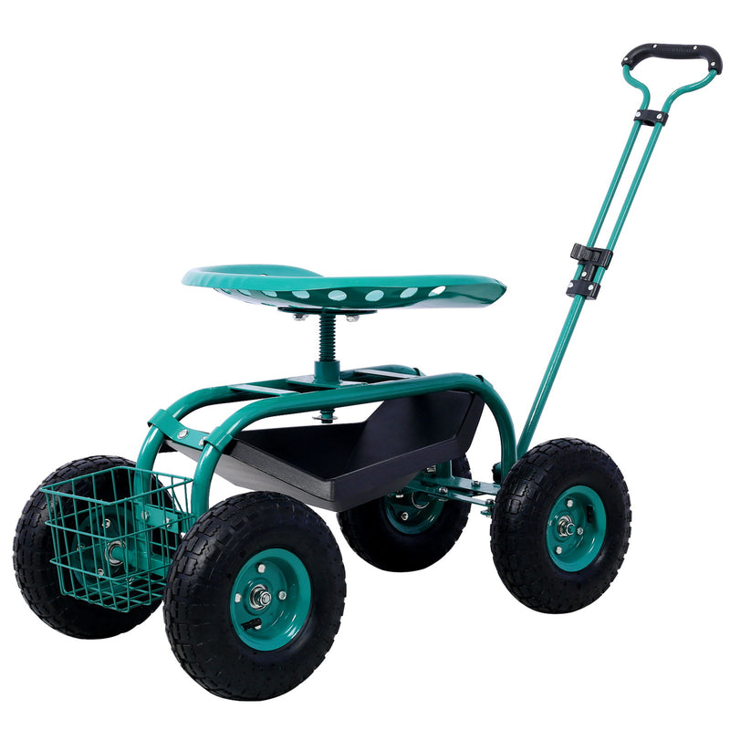 Rolling Garden Scooter Cart Seat With Wheels, 360 Swivel Seat, Tool Tray