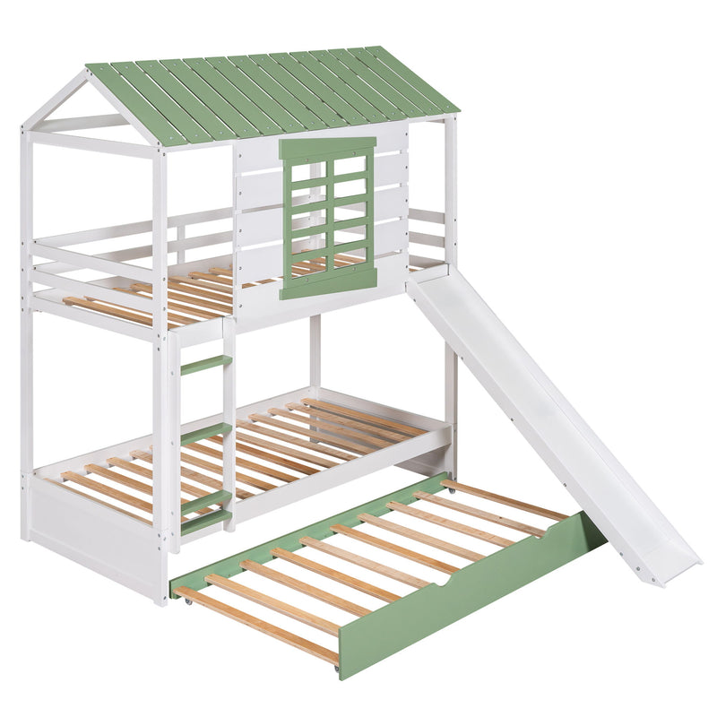 Twin Over Twin House Bunk Bed With Convertible Slide And Trundle - White