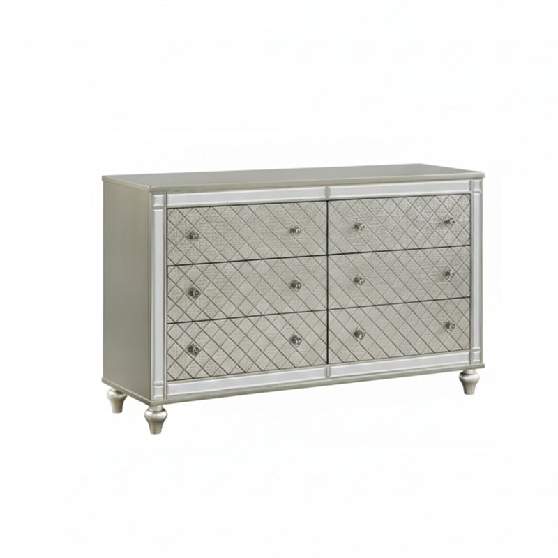 6 Drawer Bedroom Dresser With Diamond Patterned Drawer Fronts - Silver