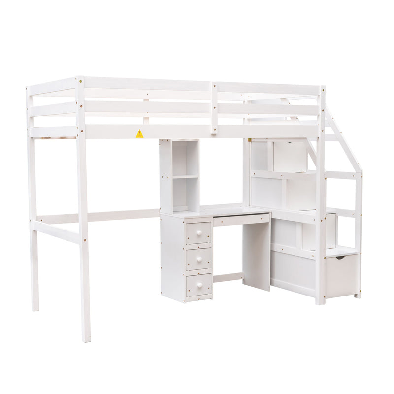 Loft Bed With Stand Alone Bed, Storage Staircase, Desk, Shelves, And Drawers