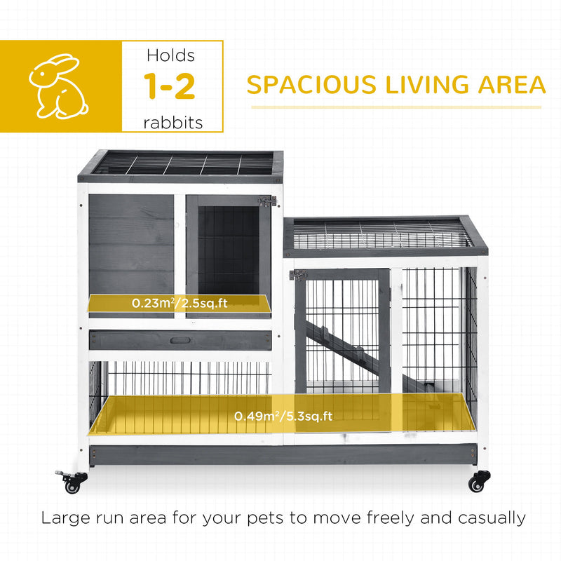 Pawhut - Wooden Rabbit Hutch Elevated Bunny Cage Indoor Small Animal Habitat With Enclosed Run With Wheels, Ramp, Removable Tray Ideal For Guinea Pigs - Gray / White
