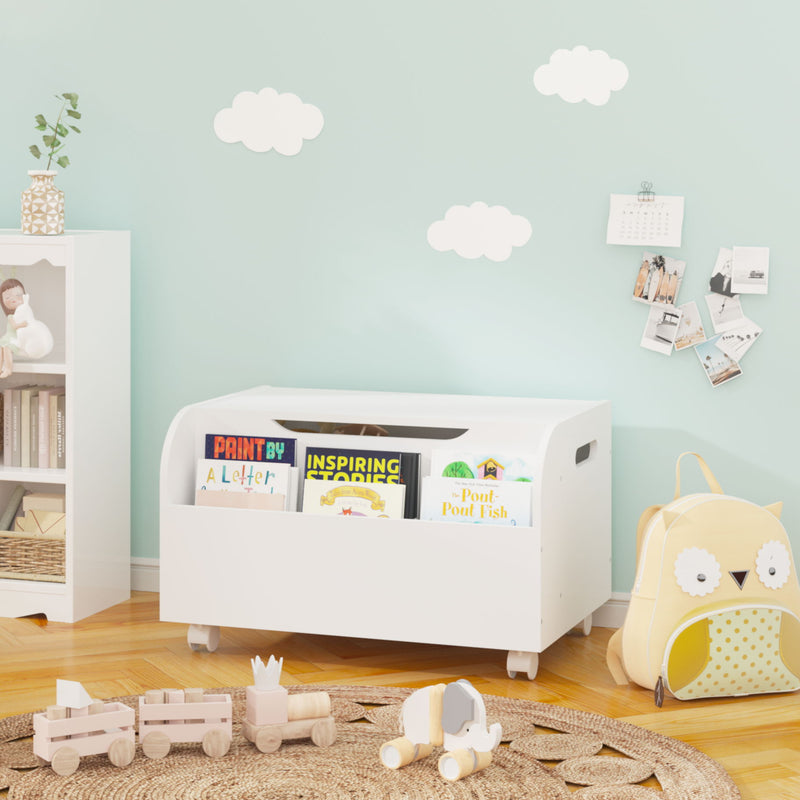Toy Box With 4 Universal Wheels, Kids Playroom Storage Organizer With Front Bookshelf, Flip Top Lid, Safety Hinge - White