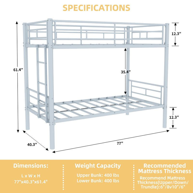 Metal Bunk Bed For Kids, Convertible Bedframe With Ladders & Guardrail