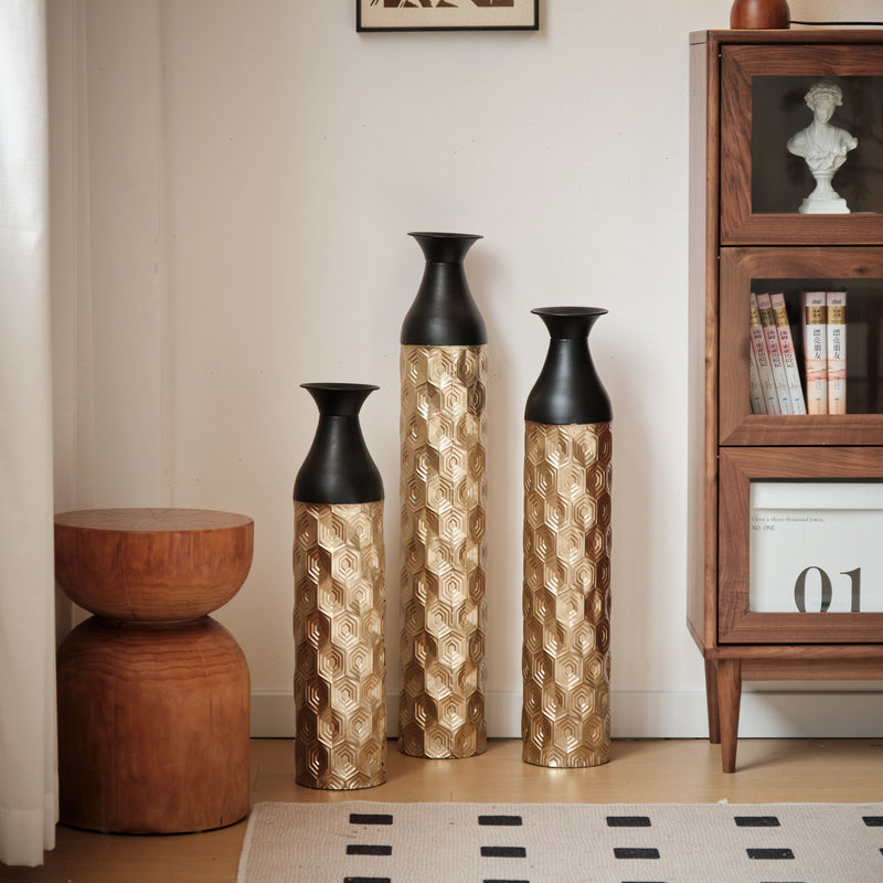 Floor Metal Vases (Set of 3) Gorgeous Home Decoration Large Glazed Metal Vases - Black / Gold