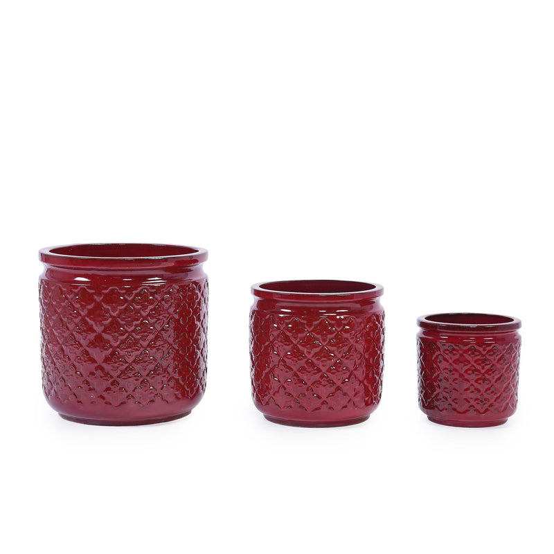3 Pieces Ceramic Flowerpot, Planter For Patio & Garden Or Windowsills - Bean Paste Red