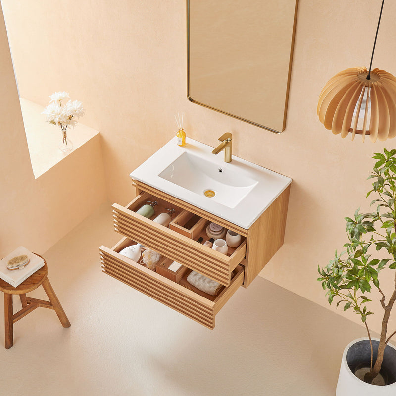 Wall Mounted & Floating Single Vanity With Ceramic Sink - Natural Walnut