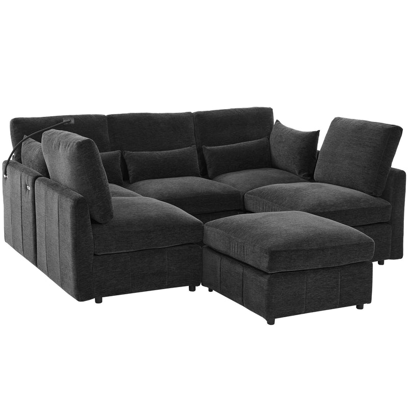 Modern Modular U-Shaped Sofa Bed With Movable Ottoman, USB Ports, Phone Holder
