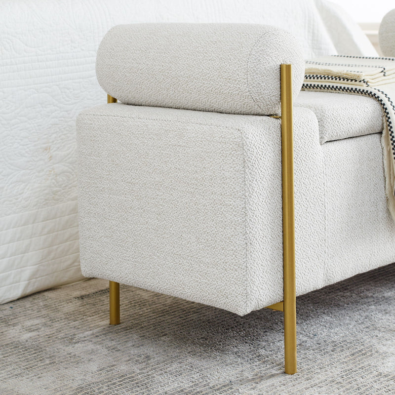 Elegant Upholstered Storage Bench With Cylindrical Arms And Iron Legs,
