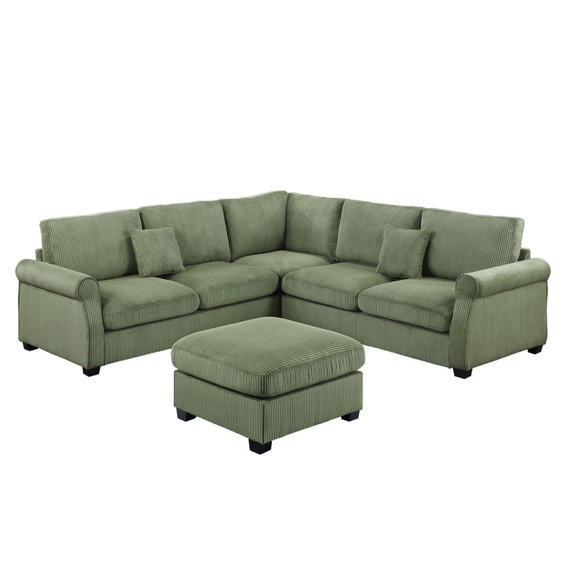 L - Sectional Sofa Set With Corner Wedge And Ottoman, 4 Piece Living Room Furniture - Sage