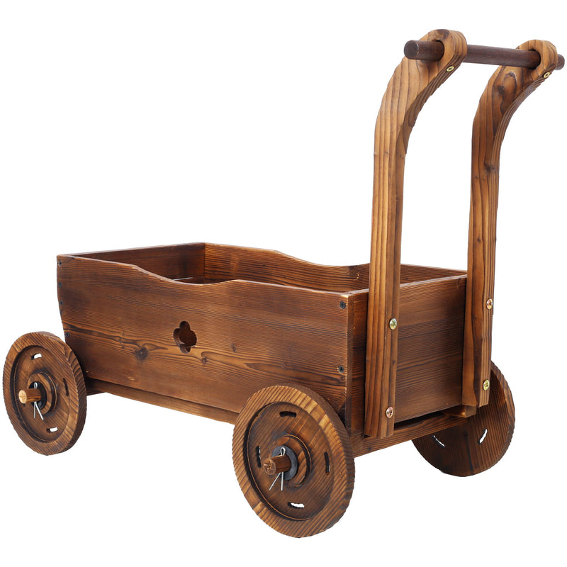 Wooden Wagon Planter Box Mobile Garden Planter With Wheels Handle Drain Hole Wood - Brown