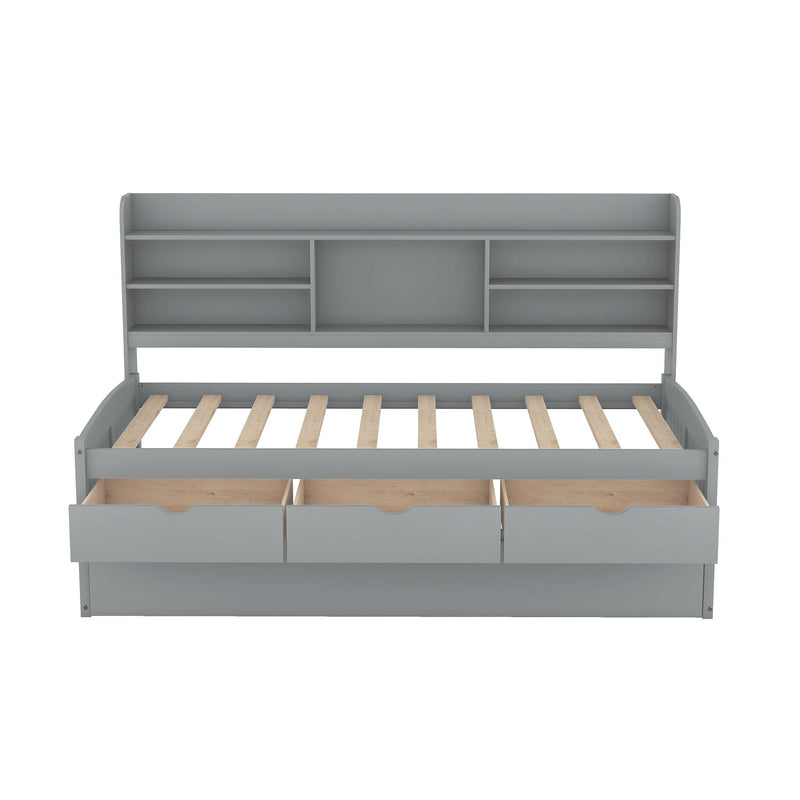 Captain Bed With Built In Bookshelves, 3 Storage Drawers, And Trundle