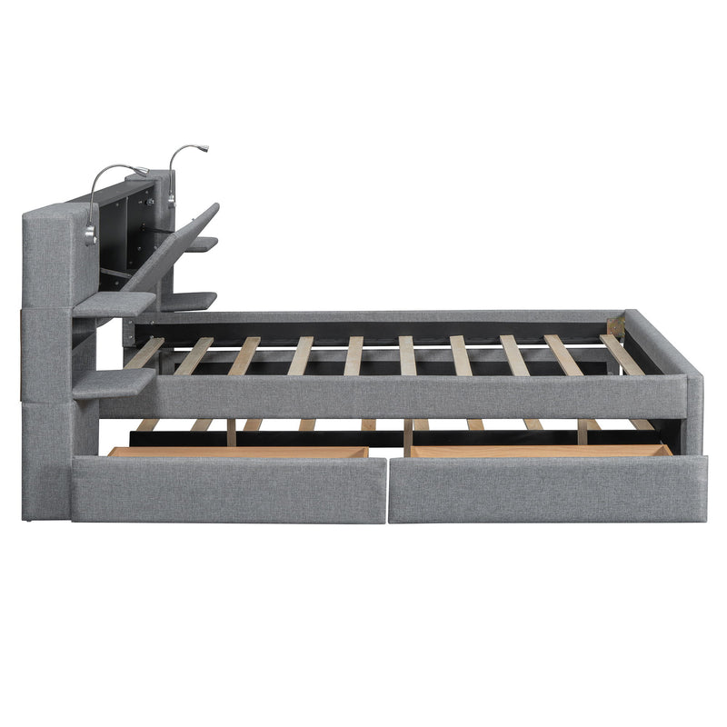 Upholstered Platform Bed With Reading Lights, Drawers, Trundle And Shelves