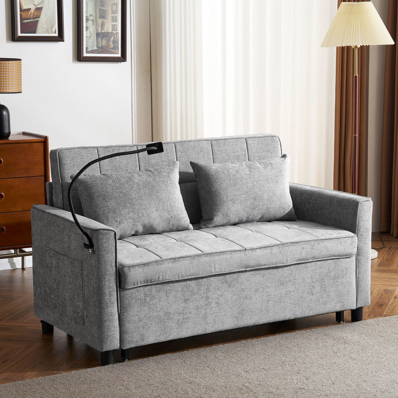 Pull-Out Sleeper Sofa With Reversible Backrest Cushion, Side Pockets, 2 USB Ports And A Phone Holder For Living Room