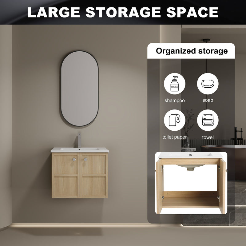 Wall Mounted Bathroom Vanity With Ceramic Sink And 2 Soft Closing Doors