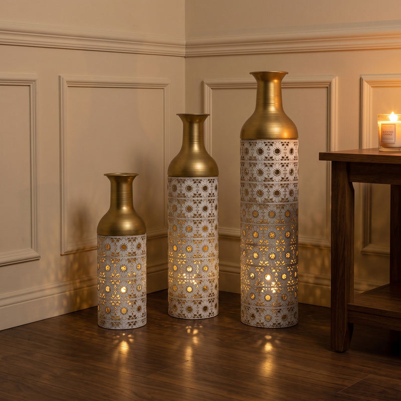 Handcrafted Cutout Hollow Tall Standing Floor Vase, Home Decor (Set of 3) - White / Gold