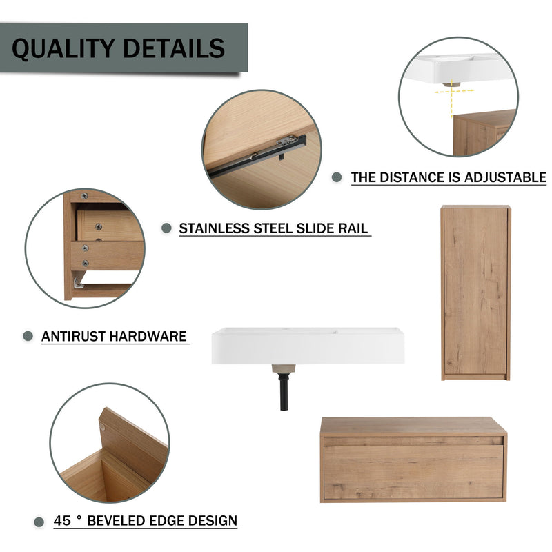 Modern Wall Mounted Bathroom Vanity With Resin Sink And Side Cabinet, Soft Close Drawer, Imitative - Imitative Oak