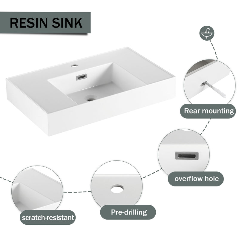 Modern Wall Mounted Bathroom Vanity With Resin Sink And Soft Close Drawer - Brown Ebony