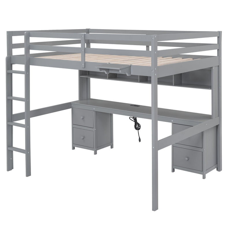 Loft Bed With Desk, Cabinets, Drawers, Charging Station And Bedside Tray