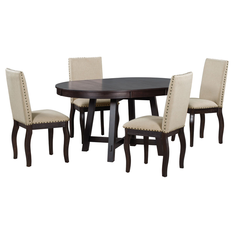 Round Extendable Dining Table Set With 4 Upholstered Chairs