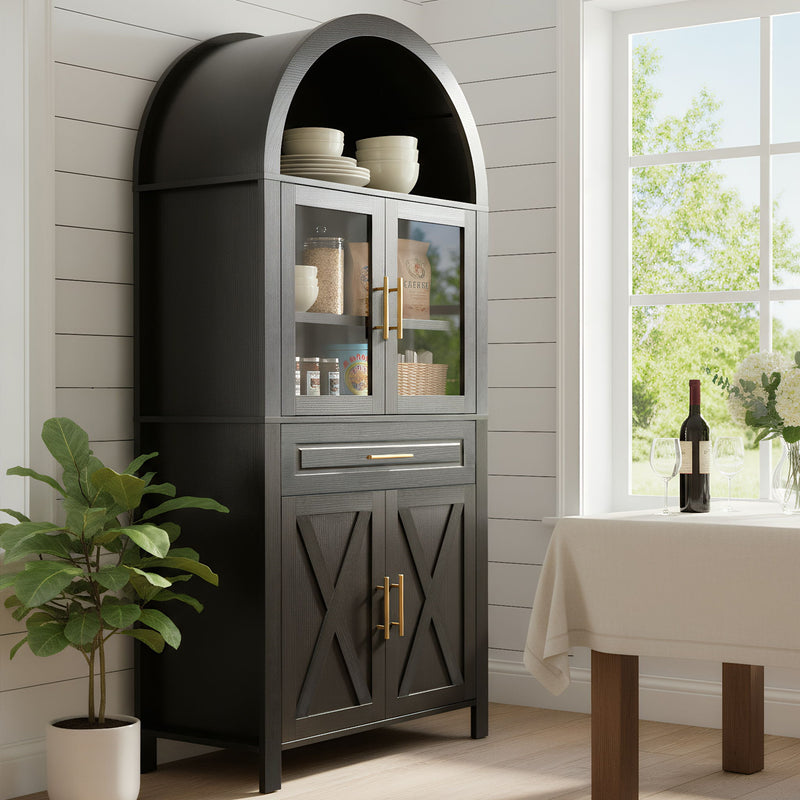 Arched Kitchen Pantry Cabinet With Adjustable Shelves & Barn Door Design