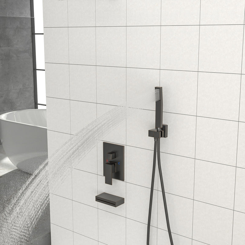 Square Shower System With Waterfall Tub Spout And Rough In Valve, Wall Mounted